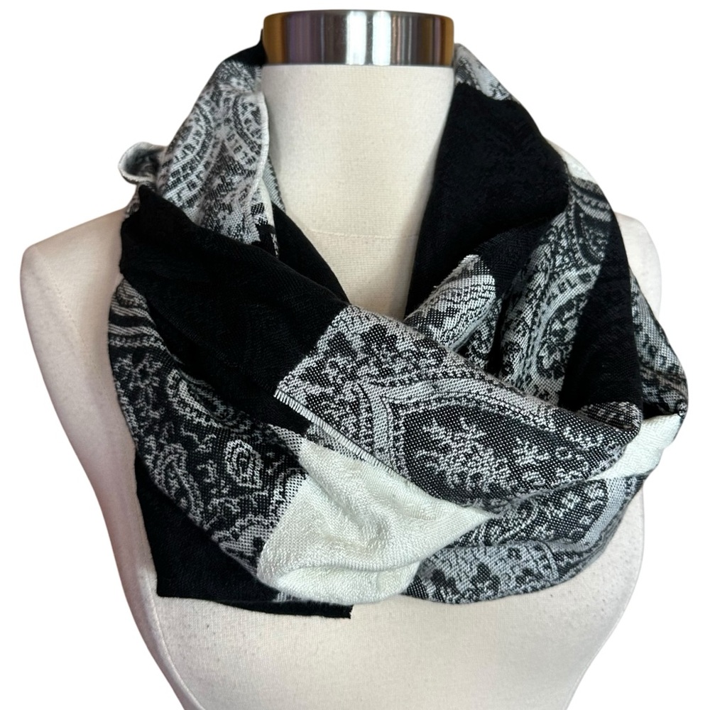 V. Fraas Plaid Floral Paisley Super Soft Black White Infinity Loop Scarf NWT OS